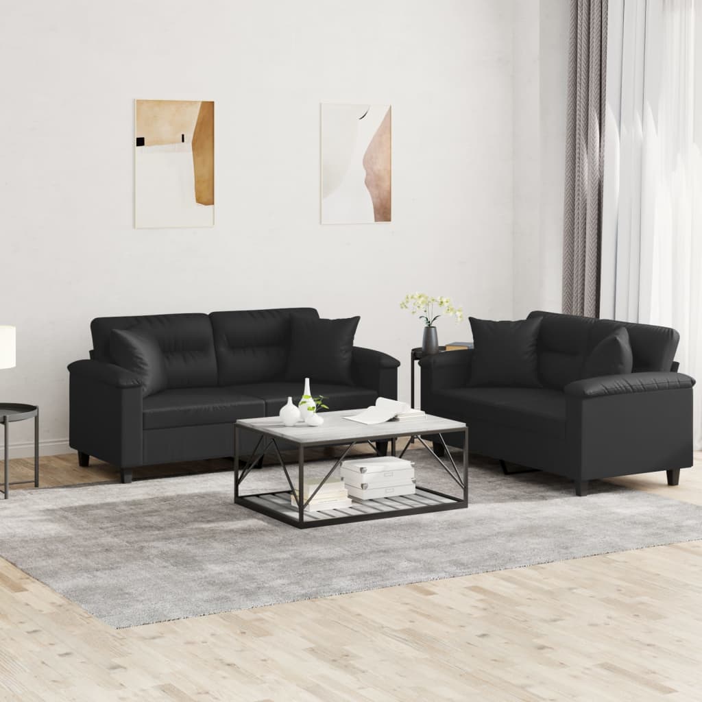 vidaXL 2 Piece Sofa Set with Pillows Black Faux Leather-0