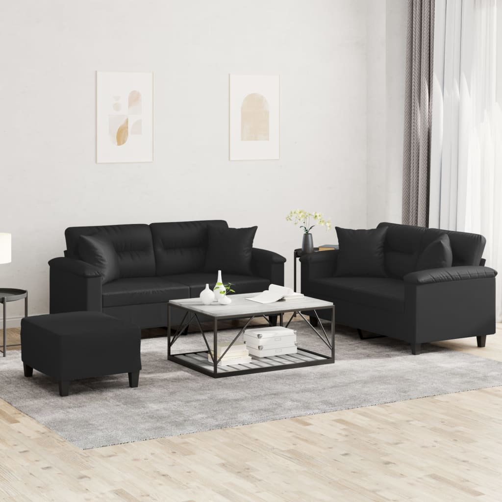 vidaXL 3 Piece Sofa Set with Pillows Black Faux Leather-0