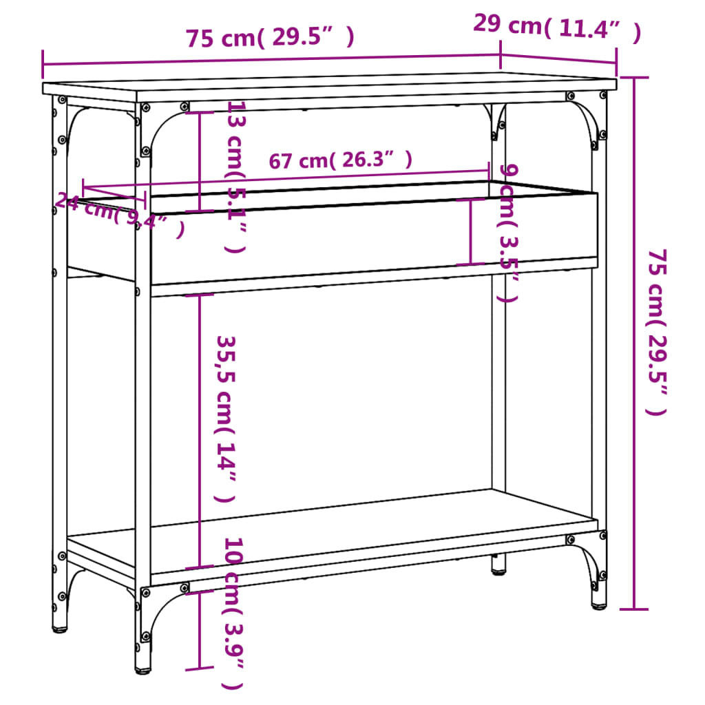 vidaXL Console Table with Shelf Smoked Oak 29.5"x11.4"x29.5" Engineered Wood-7