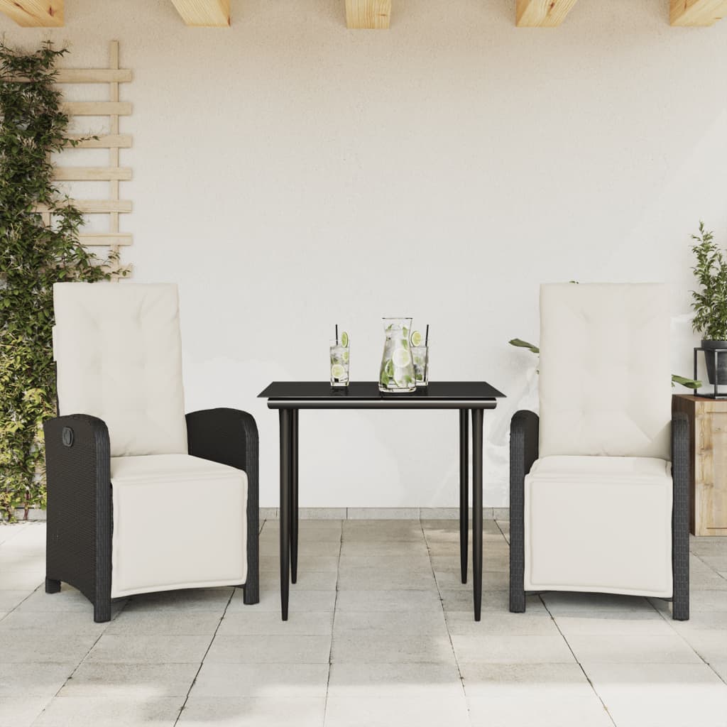 vidaXL 3 Piece Bistro Set with Cushions Black Poly Rattan-0