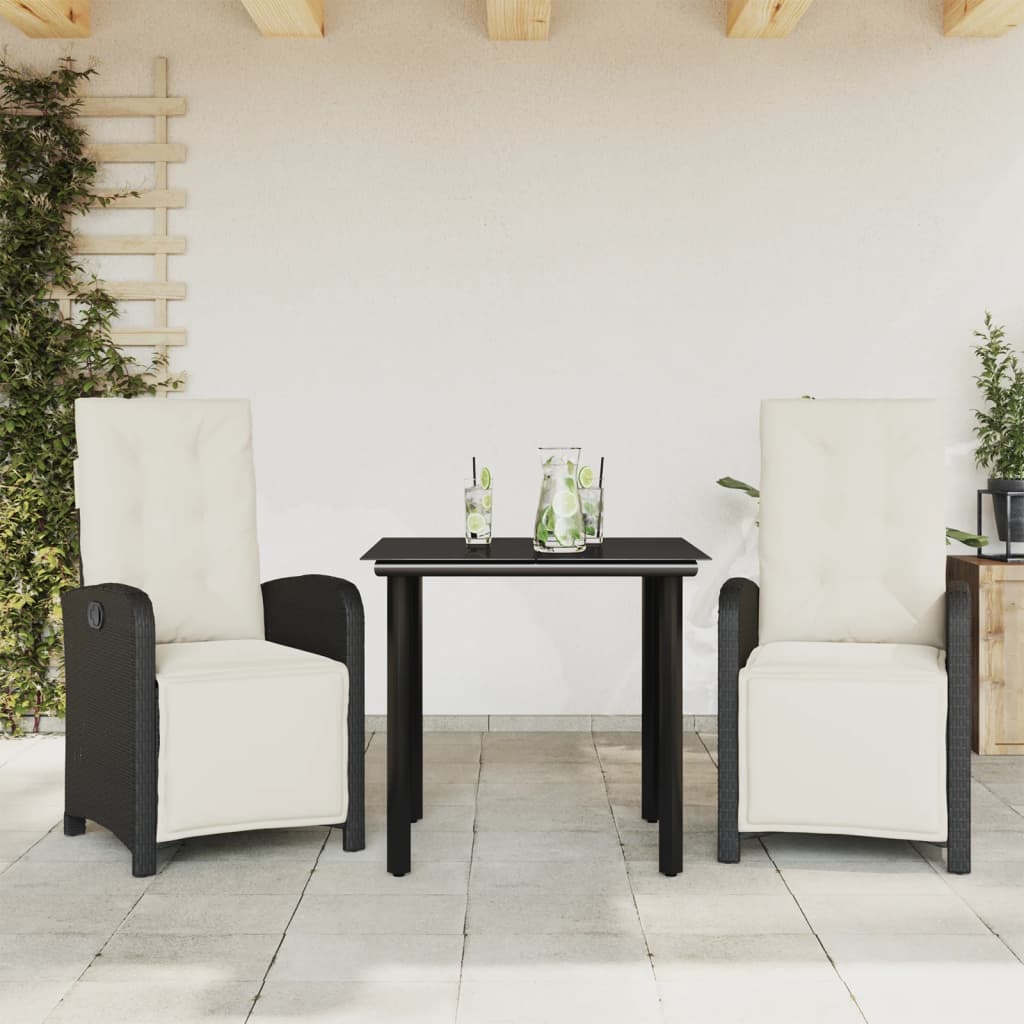 vidaXL 3 Piece Bistro Set with Cushions Black Poly Rattan-0