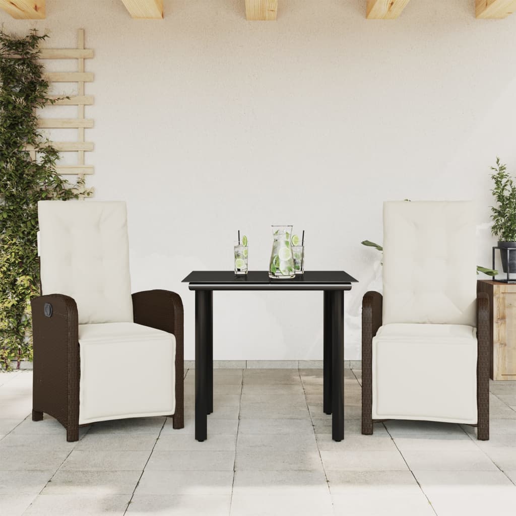 vidaXL 3 Piece Bistro Set with Cushions Brown Poly Rattan-0