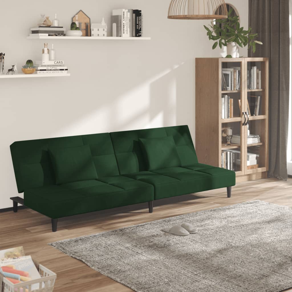 vidaXL 2-Seater Sofa Bed with Two Pillows Dark Green Velvet-0