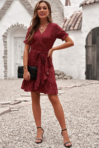 Dotted Print Wrap Ruffle Dress