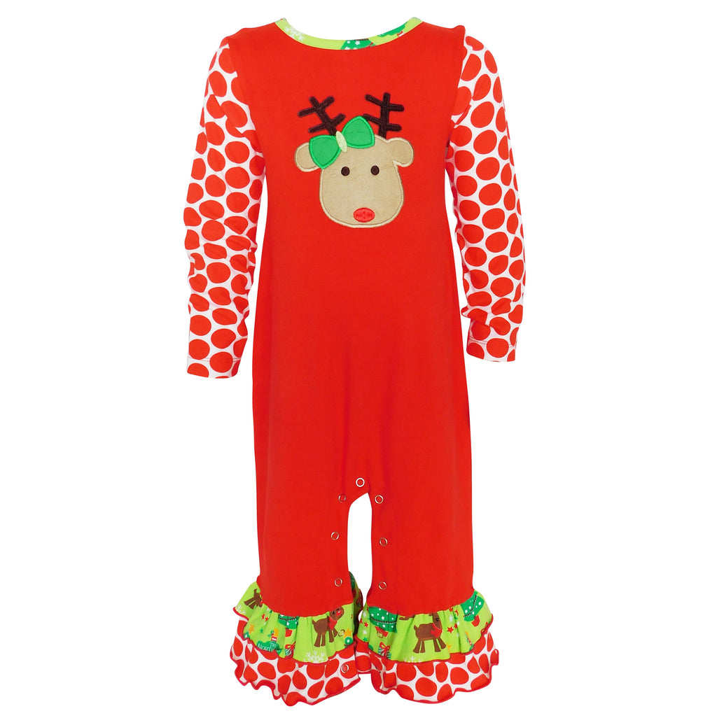 Baby Girls Boutique Red Green Christmas Tree Rudolph Reindeer Holiday Romper sz 6M-24M - 99fab 