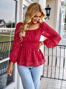 Applique Balloon Sleeve Peplum Blouse