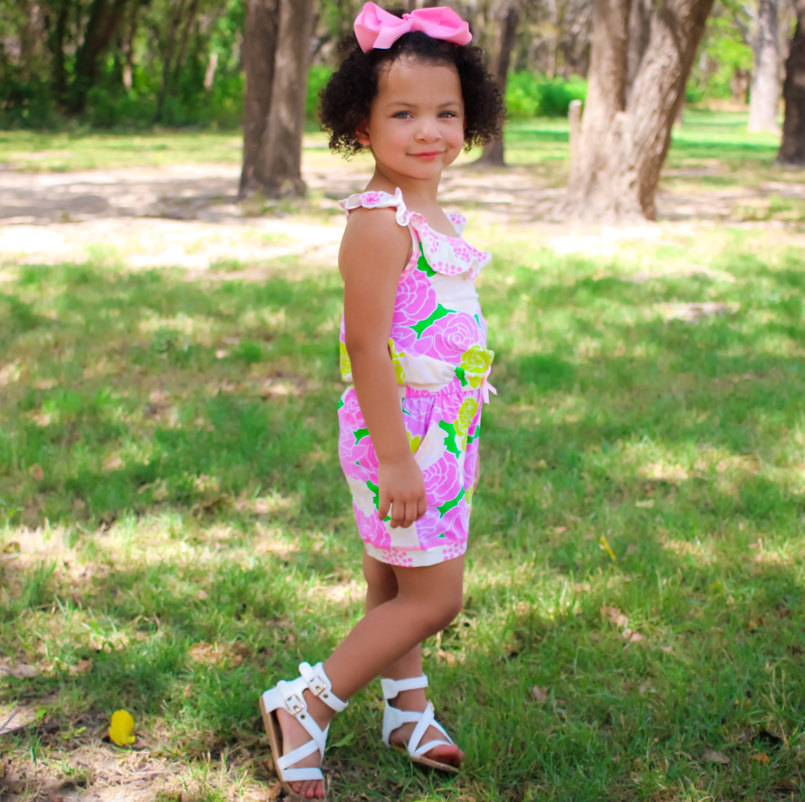 Big Little Girls Pink Bloom Floral Polka Dots Shorts Jumpsuit Summer One Piece Outfit