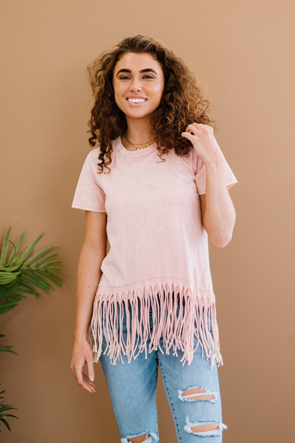 BiBi Empowering Expression Mineral Wash Fringe Detail Tee - 99fab 