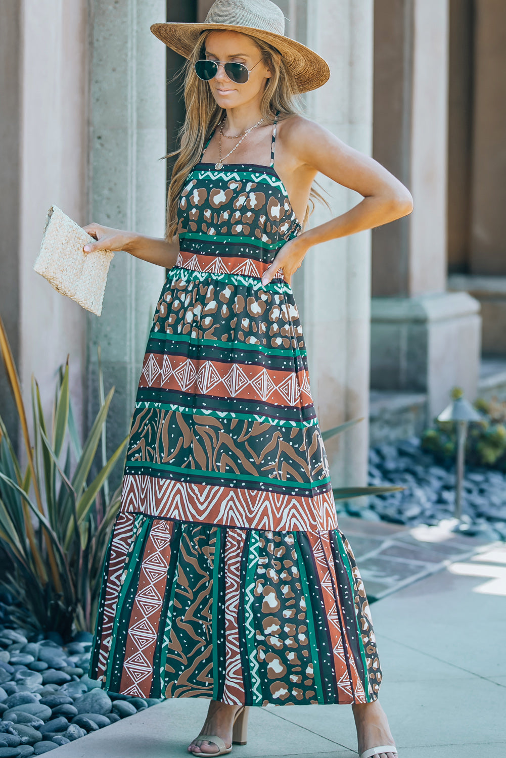 Mixed Print Halter Neck Maxi Dress