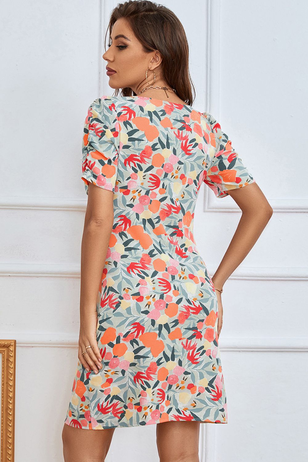 Floral Puff Sleeve V-Neck Seam Detail Dress