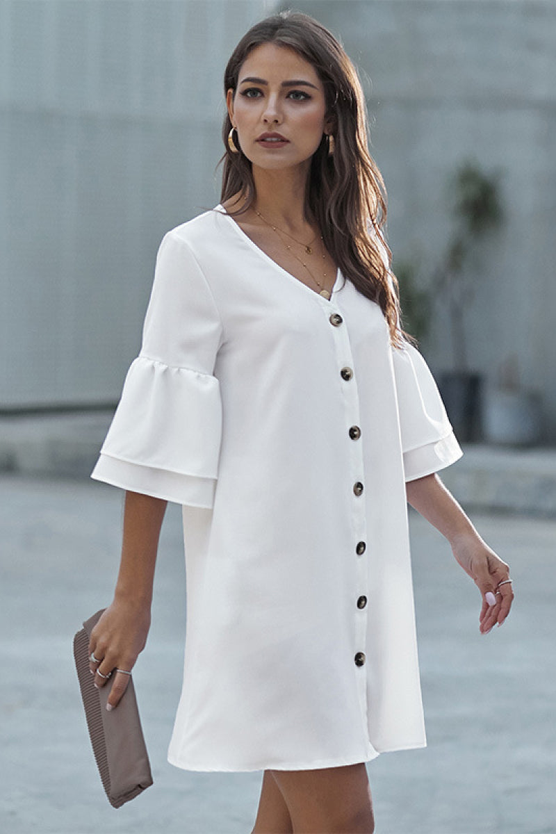 Buttoned Bell Sleeve Shirt Dress