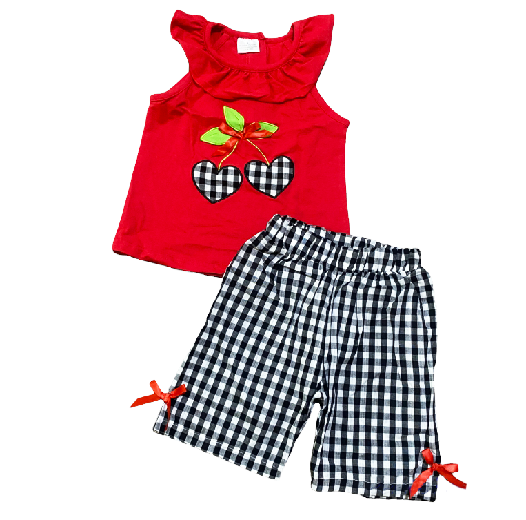 Girls Back to School Cherry Tunic and Gingham Ruffle Pants Outfit