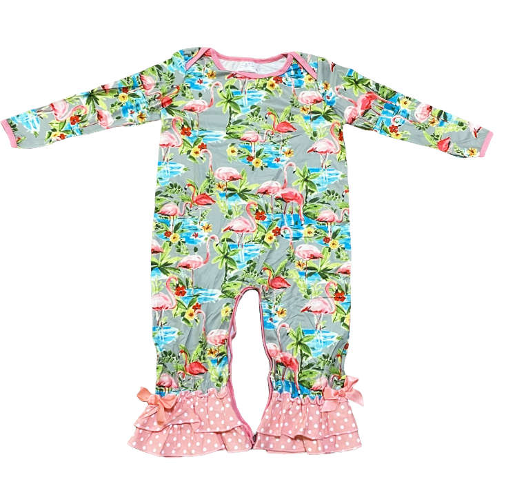 Pink Flamingo Floral Baby Girls Long Sleeve Soft Romper - 99fab 
