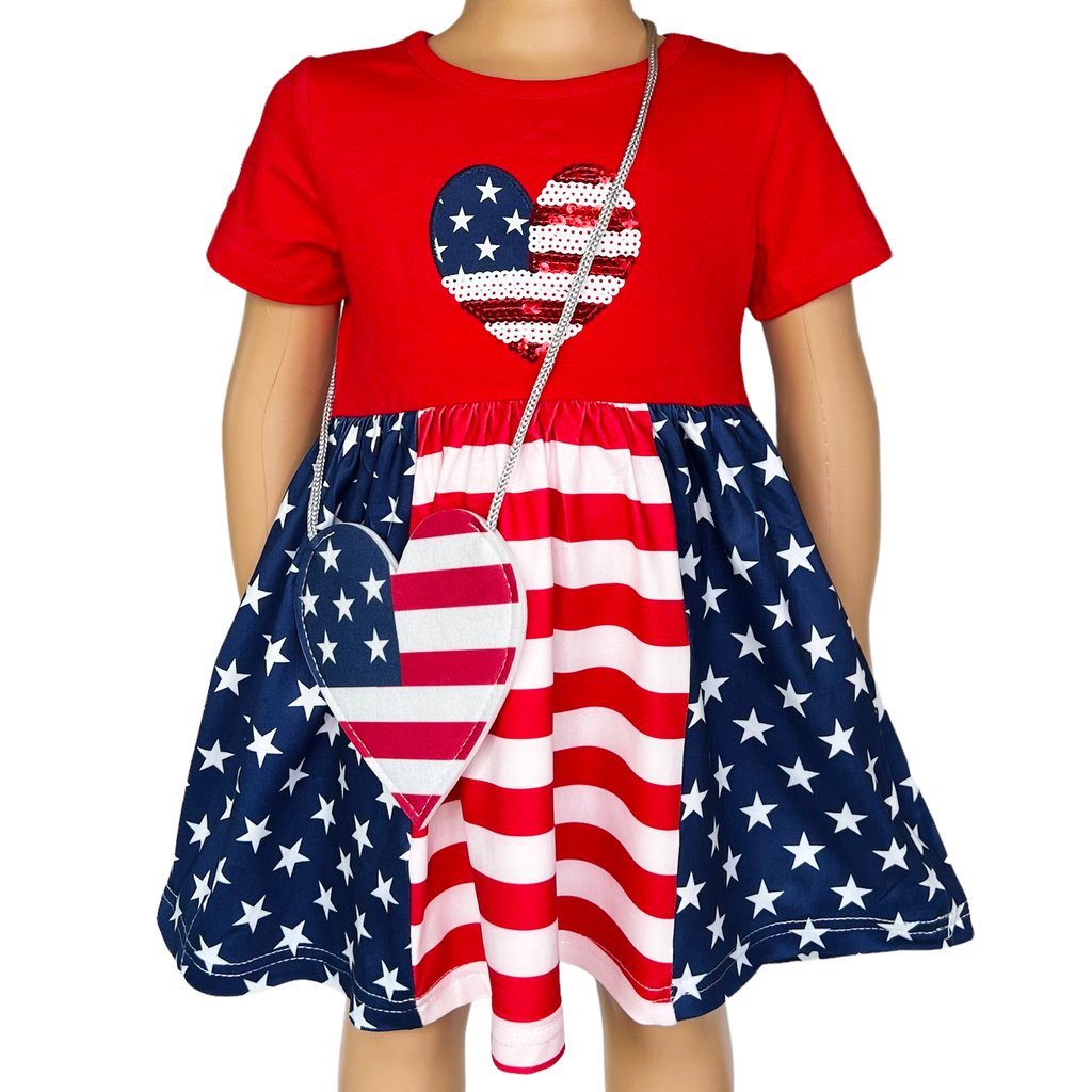 Girls 4th of July American Flag Heart Holiday Dress with Purse - 99fab 