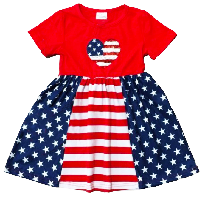 Girls 4th of July American Flag Heart Holiday Dress with Purse