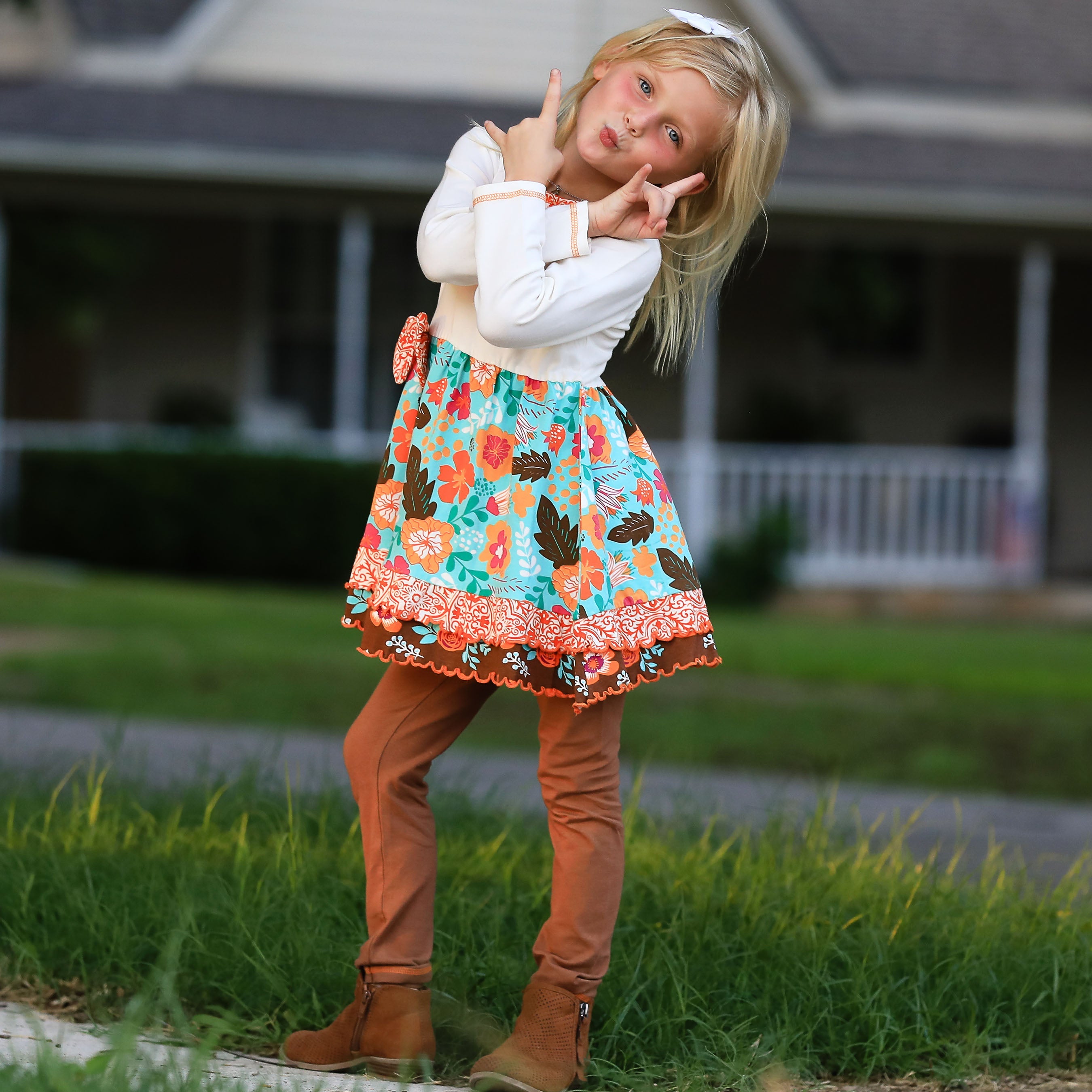 Girls Holiday Autumn Floral Ruffle Thanksgiving Dress & Leggings