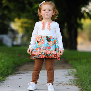 Girls Holiday Autumn Floral Ruffle Thanksgiving Dress & Leggings