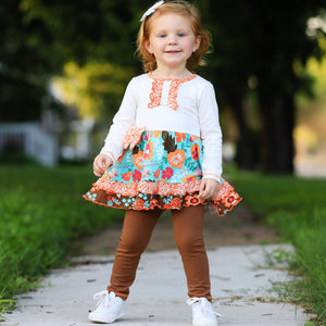 Girls Holiday Autumn Floral Ruffle Thanksgiving Dress & Leggings