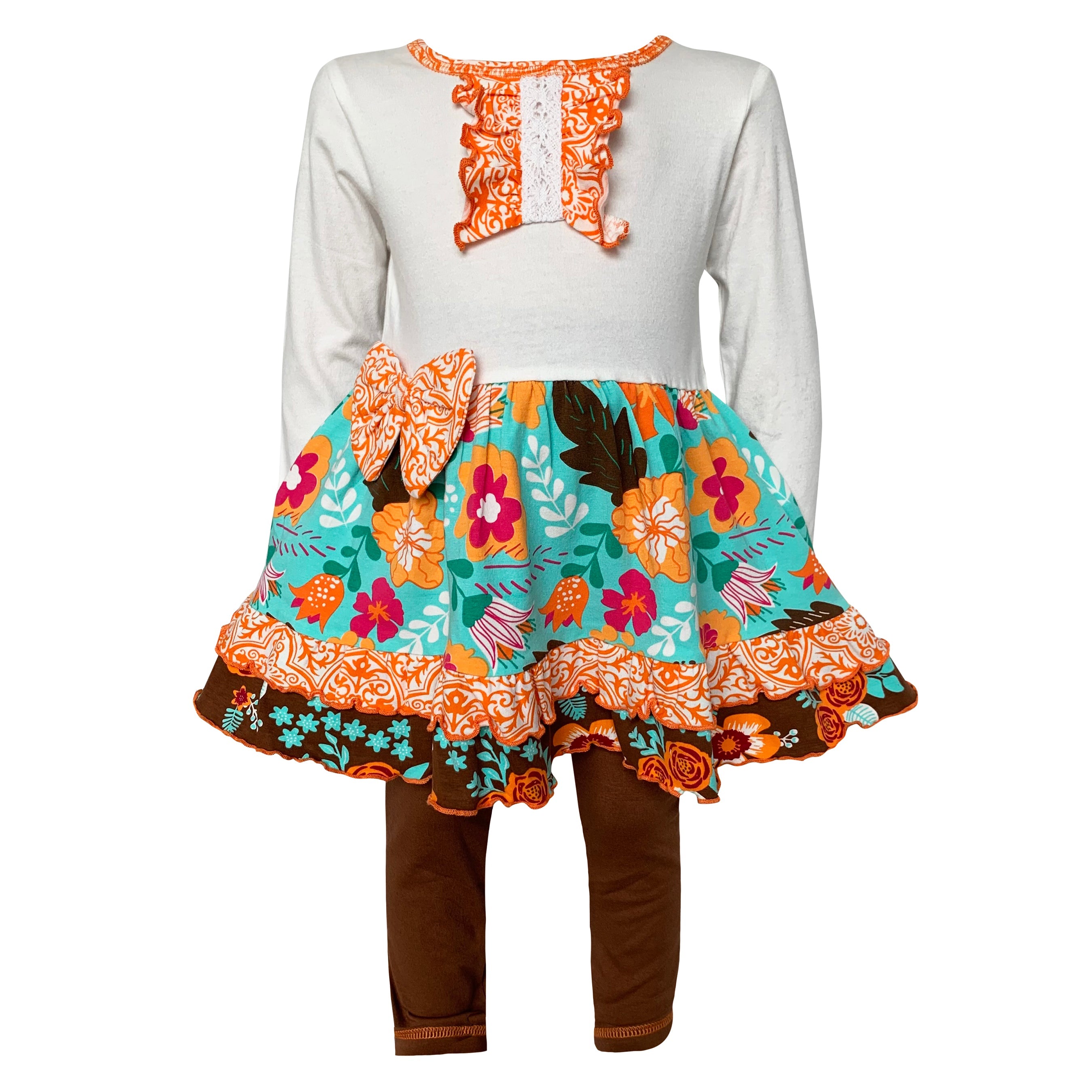 Girls Holiday Autumn Floral Ruffle Thanksgiving Dress & Leggings