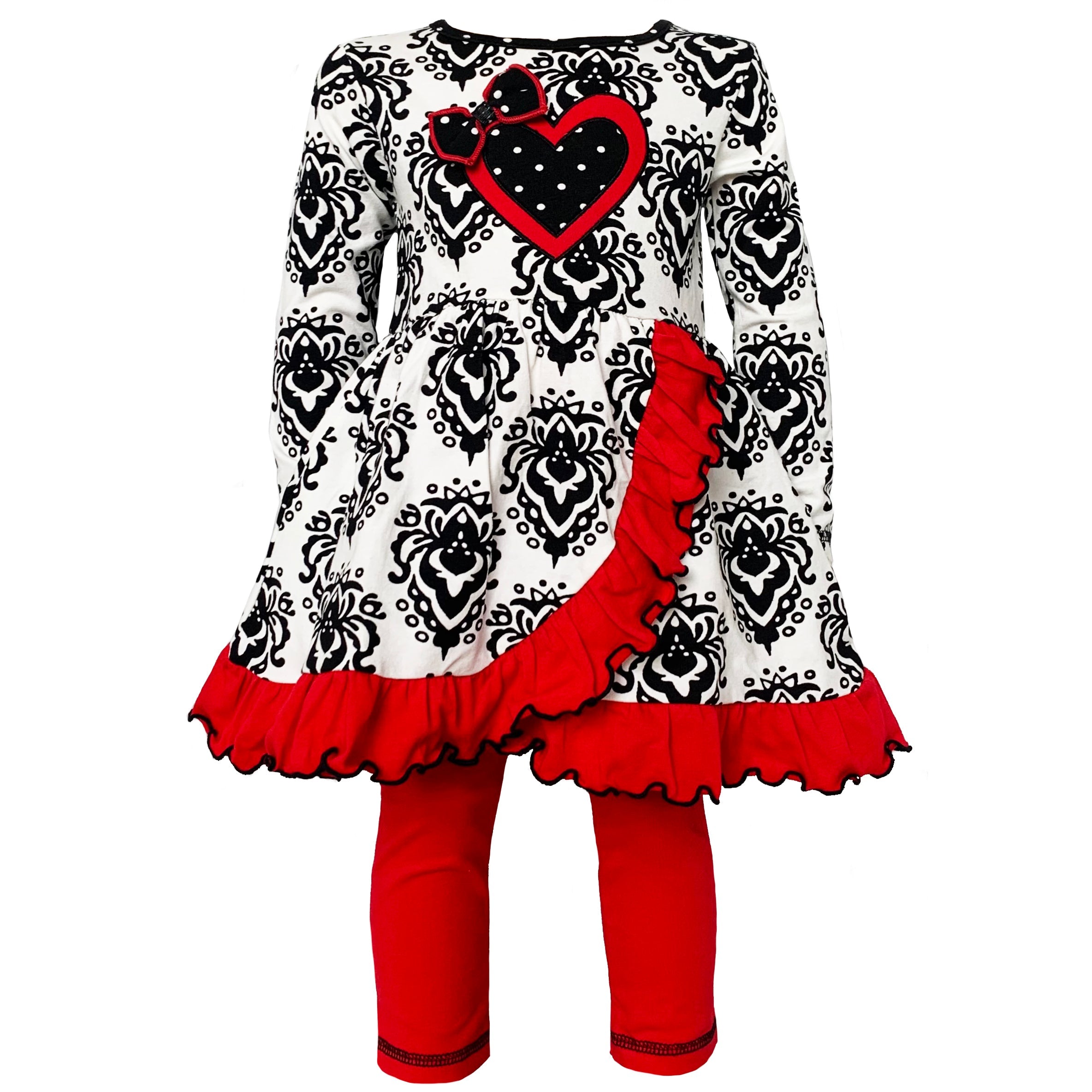 Girls Winter Damask Valentine's Heart Holiday Dress Tunic & Leggings Set sz 2/3T-9/10