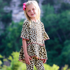 Little & Big Girls 3/4 Angel Sleeve Leopard Cotton Knit Ruffle Shirt