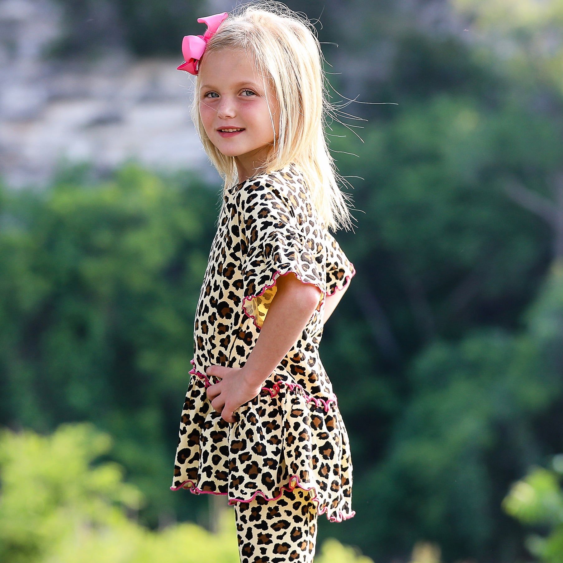 Little & Big Girls 3/4 Angel Sleeve Leopard Cotton Knit Ruffle Shirt