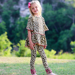 Little & Big Girls 3/4 Angel Sleeve Leopard Cotton Knit Ruffle Shirt