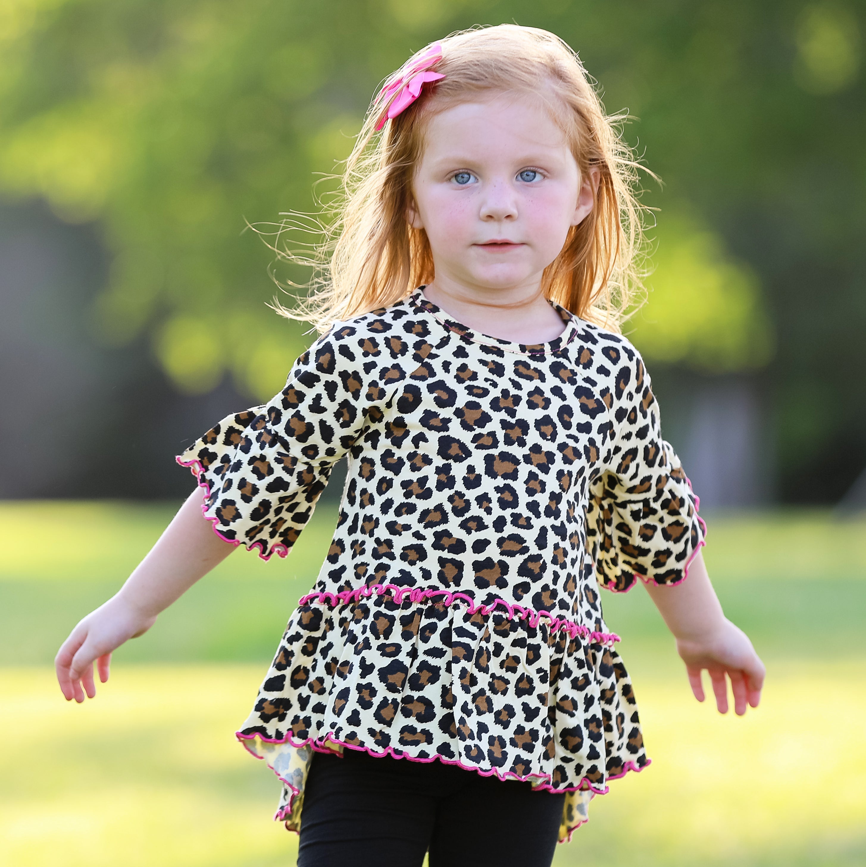 Little & Big Girls 3/4 Angel Sleeve Leopard Cotton Knit Ruffle Shirt