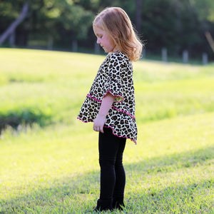 Little & Big Girls 3/4 Angel Sleeve Leopard Cotton Knit Ruffle Shirt