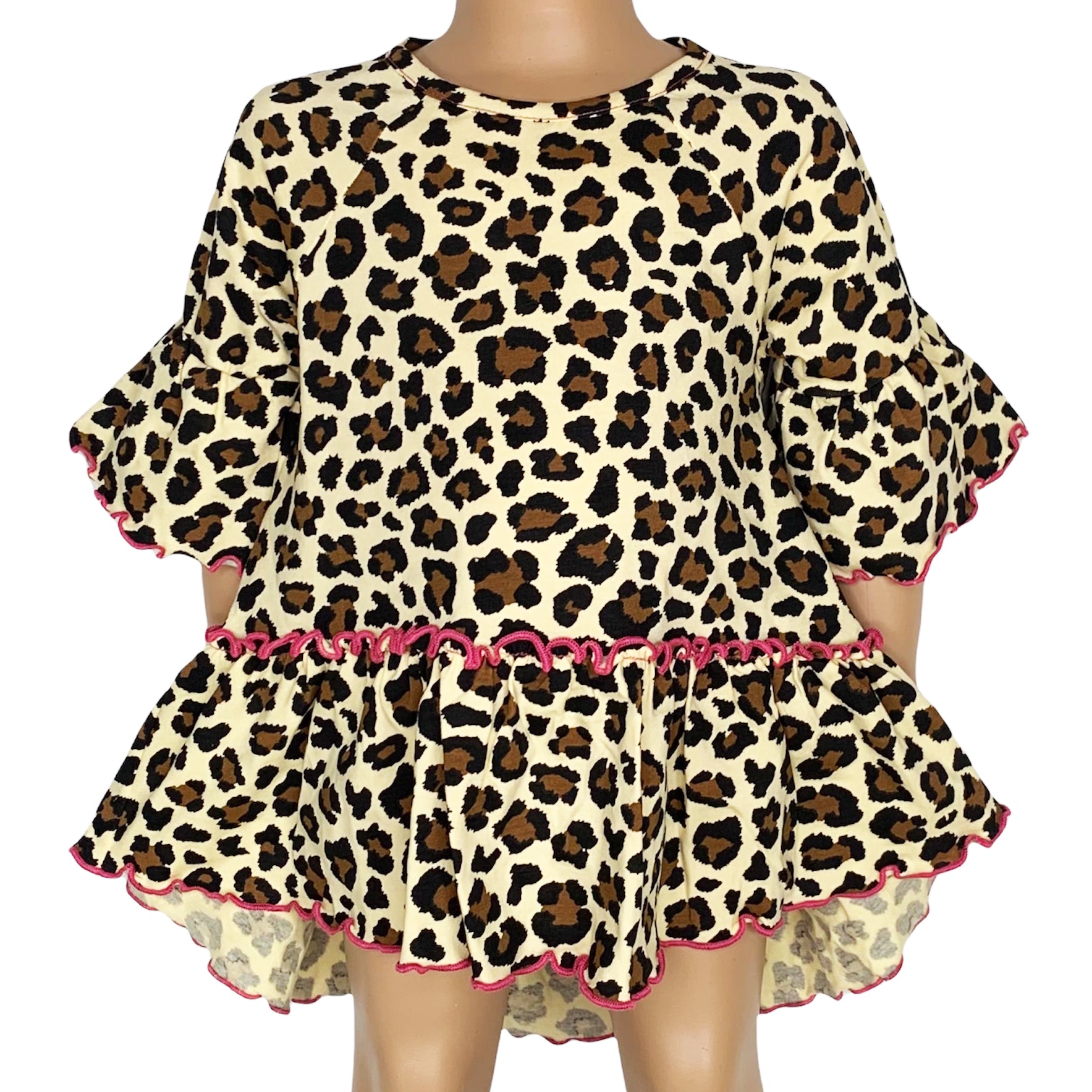 Little & Big Girls 3/4 Angel Sleeve Leopard Cotton Knit Ruffle Shirt