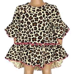 Little & Big Girls 3/4 Angel Sleeve Leopard Cotton Knit Ruffle Shirt