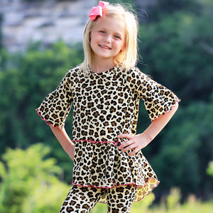 Little & Big Girls 3/4 Angel Sleeve Leopard Cotton Knit Ruffle Shirt