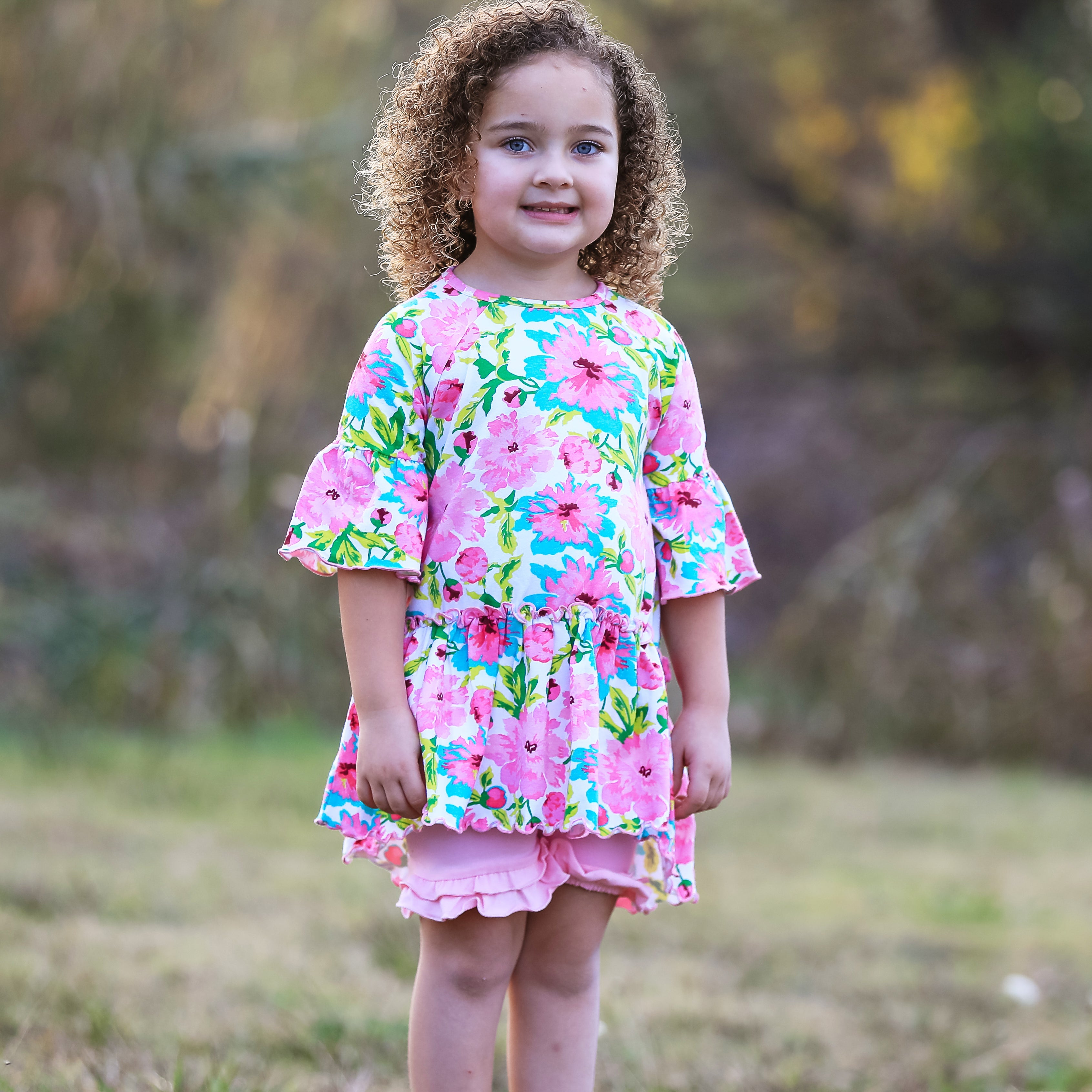 Little & Big Girls 3/4 Angel Sleeve Pink Green Big Floral Cotton Knit Ruffle Shirt