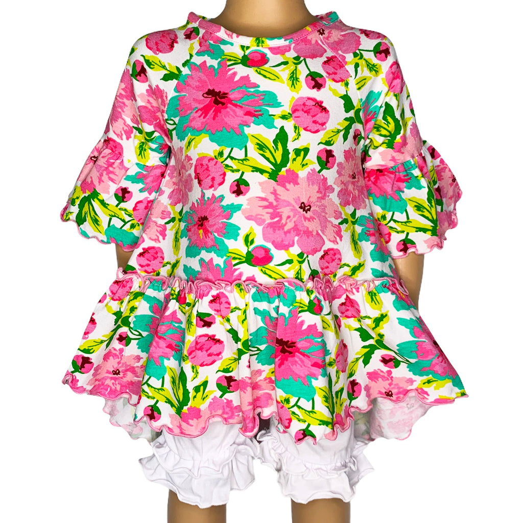 Little & Big Girls 3/4 Angel Sleeve Pink Green Big Floral Cotton Knit Ruffle Shirt - 99fab 