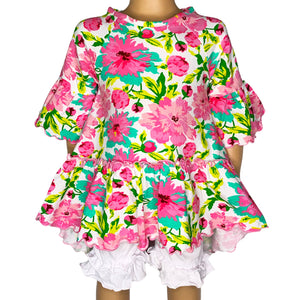 Little & Big Girls 3/4 Angel Sleeve Pink Green Big Floral Cotton Knit Ruffle Shirt