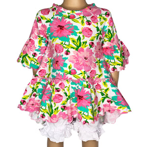 AnnLoren Little & Big Girls 3/4 Angel Sleeve Spring Floral Cotton Knit Ruffle Shirt