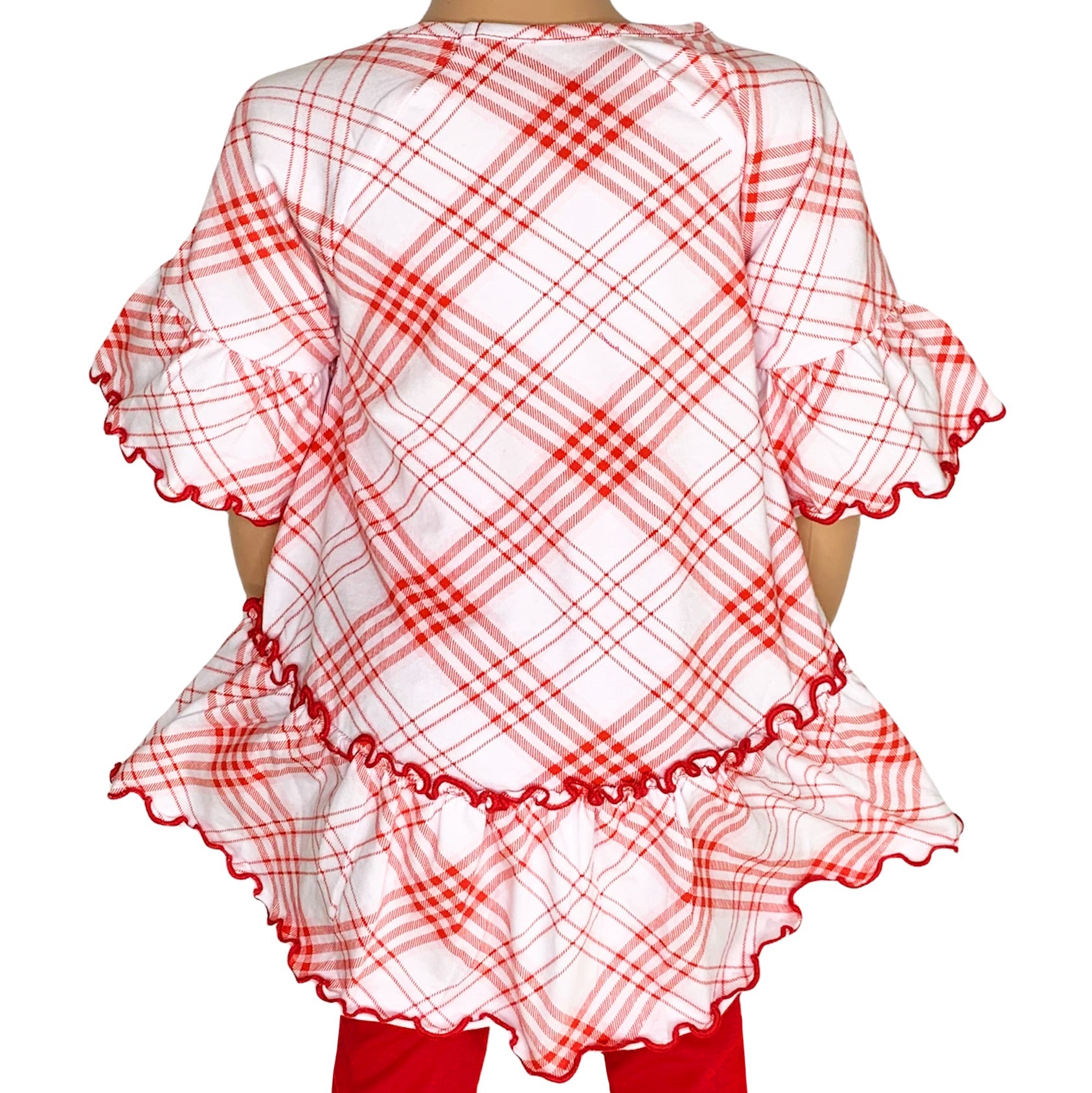 Little & Big Girls 3/4 Angel Sleeve Red Plaid Cotton Knit Ruffle Shirt