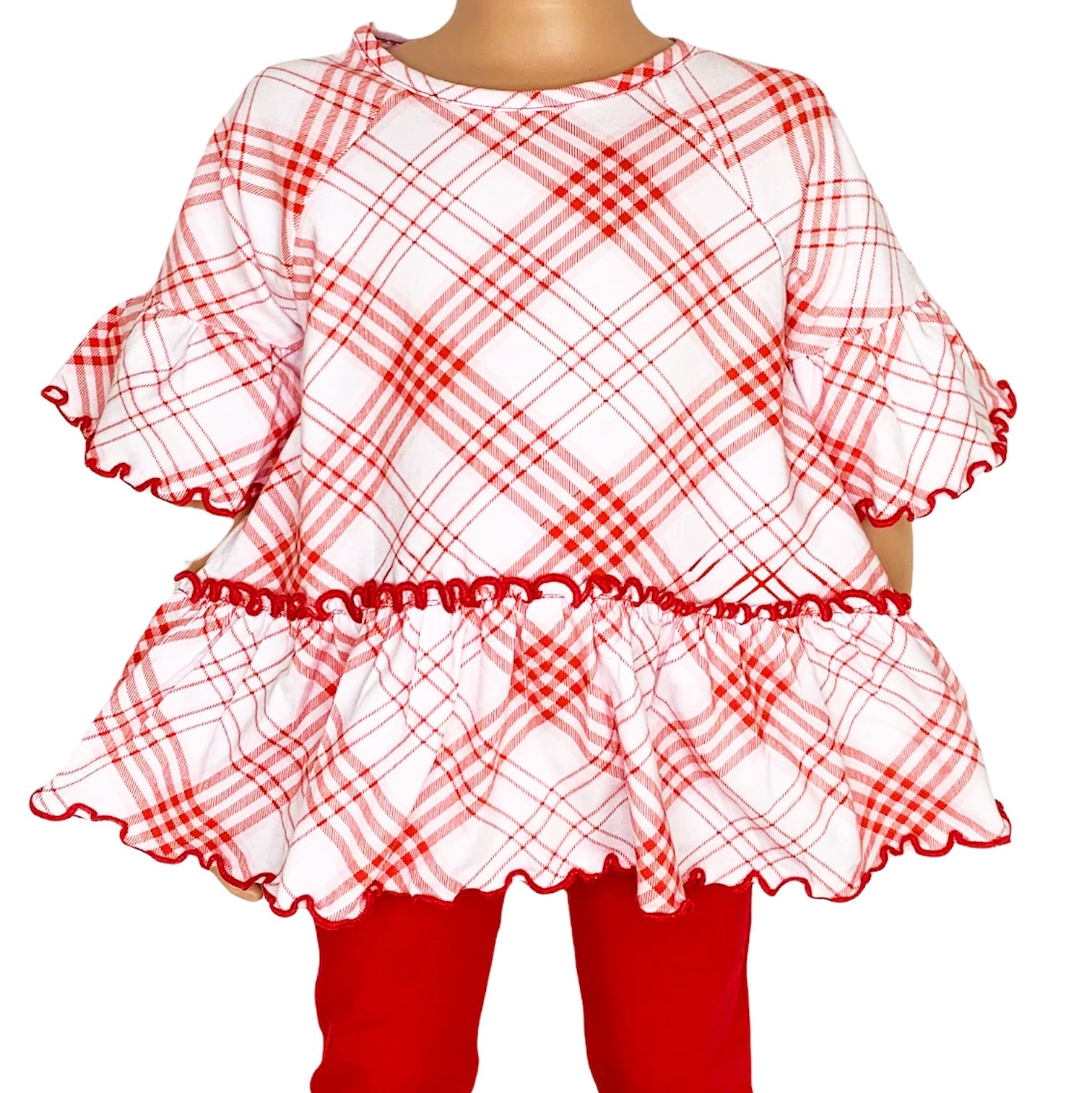 Little & Big Girls 3/4 Angel Sleeve Red Plaid Cotton Knit Ruffle Shirt