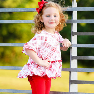 Little & Big Girls 3/4 Angel Sleeve Red Plaid Cotton Knit Ruffle Shirt