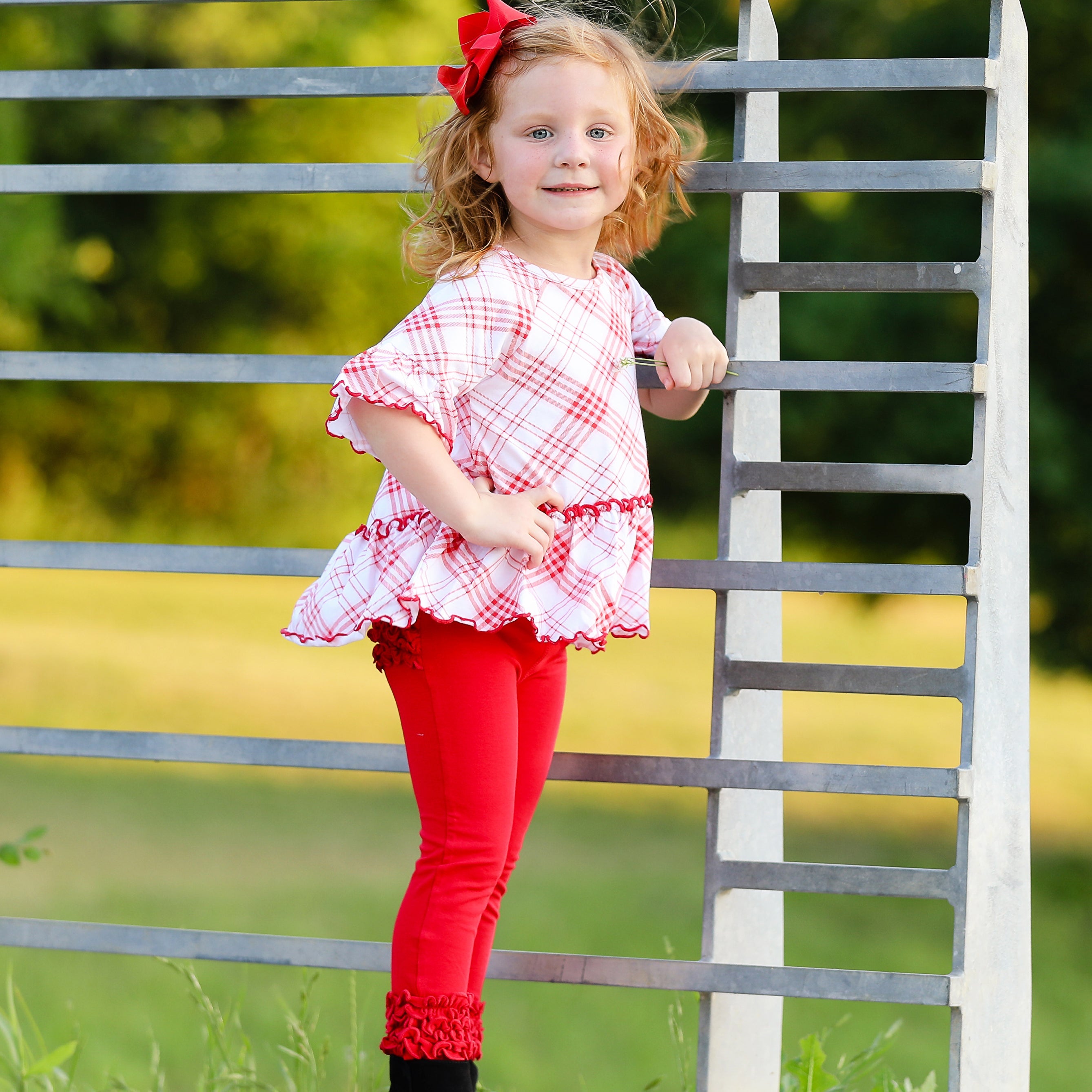 Little & Big Girls 3/4 Angel Sleeve Red Plaid Cotton Knit Ruffle Shirt