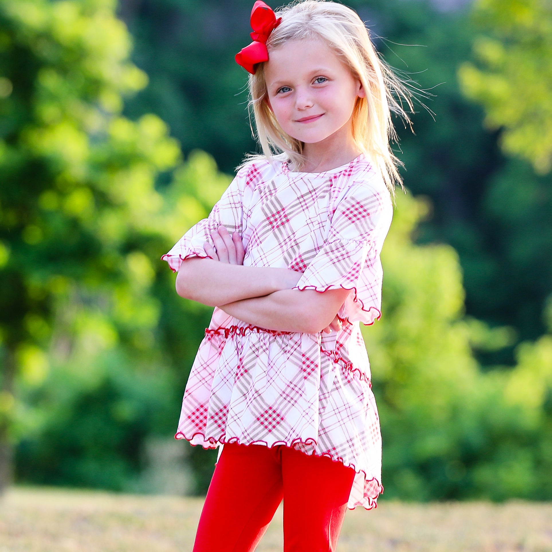 Little & Big Girls 3/4 Angel Sleeve Red Plaid Cotton Knit Ruffle Shirt