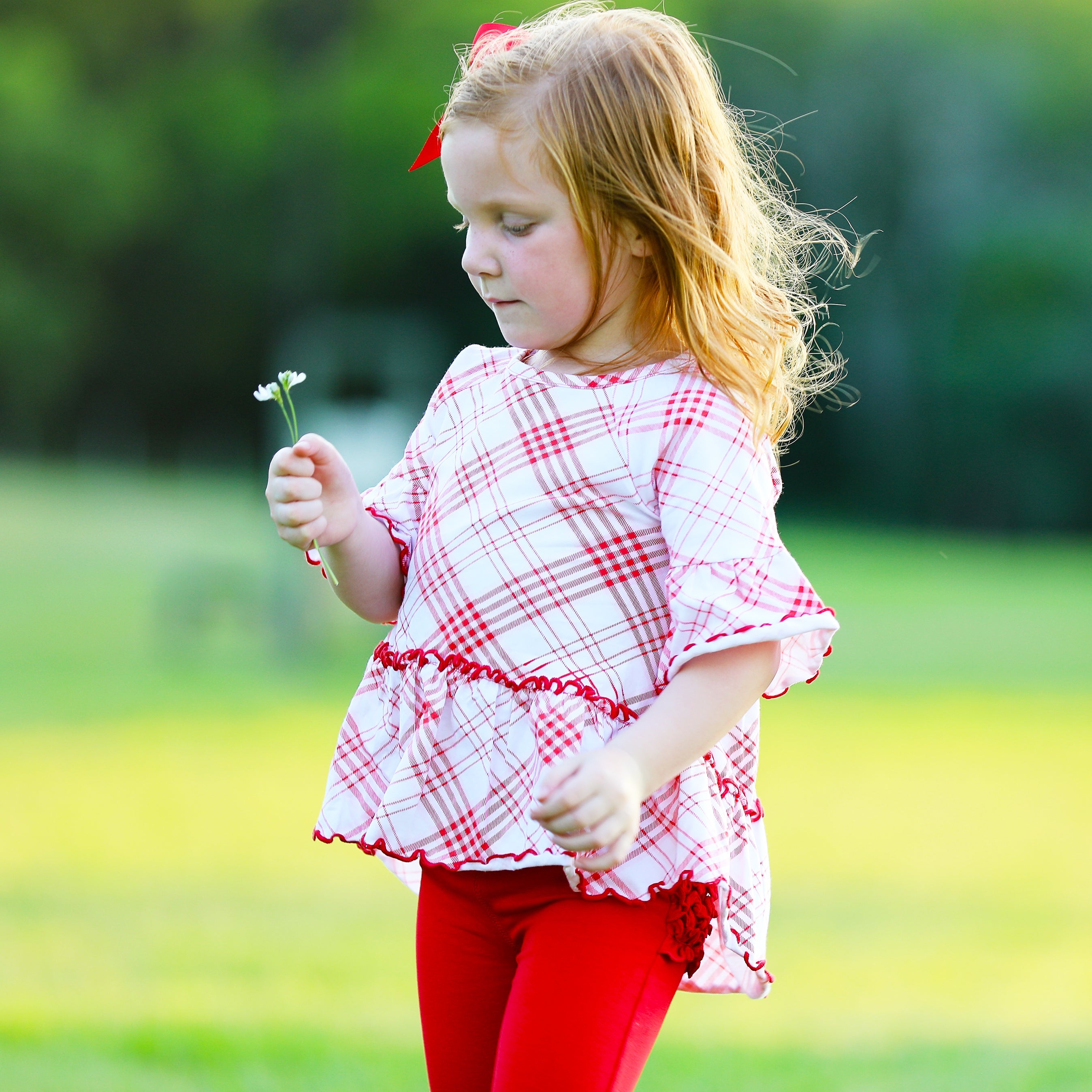 Little & Big Girls 3/4 Angel Sleeve Red Plaid Cotton Knit Ruffle Shirt