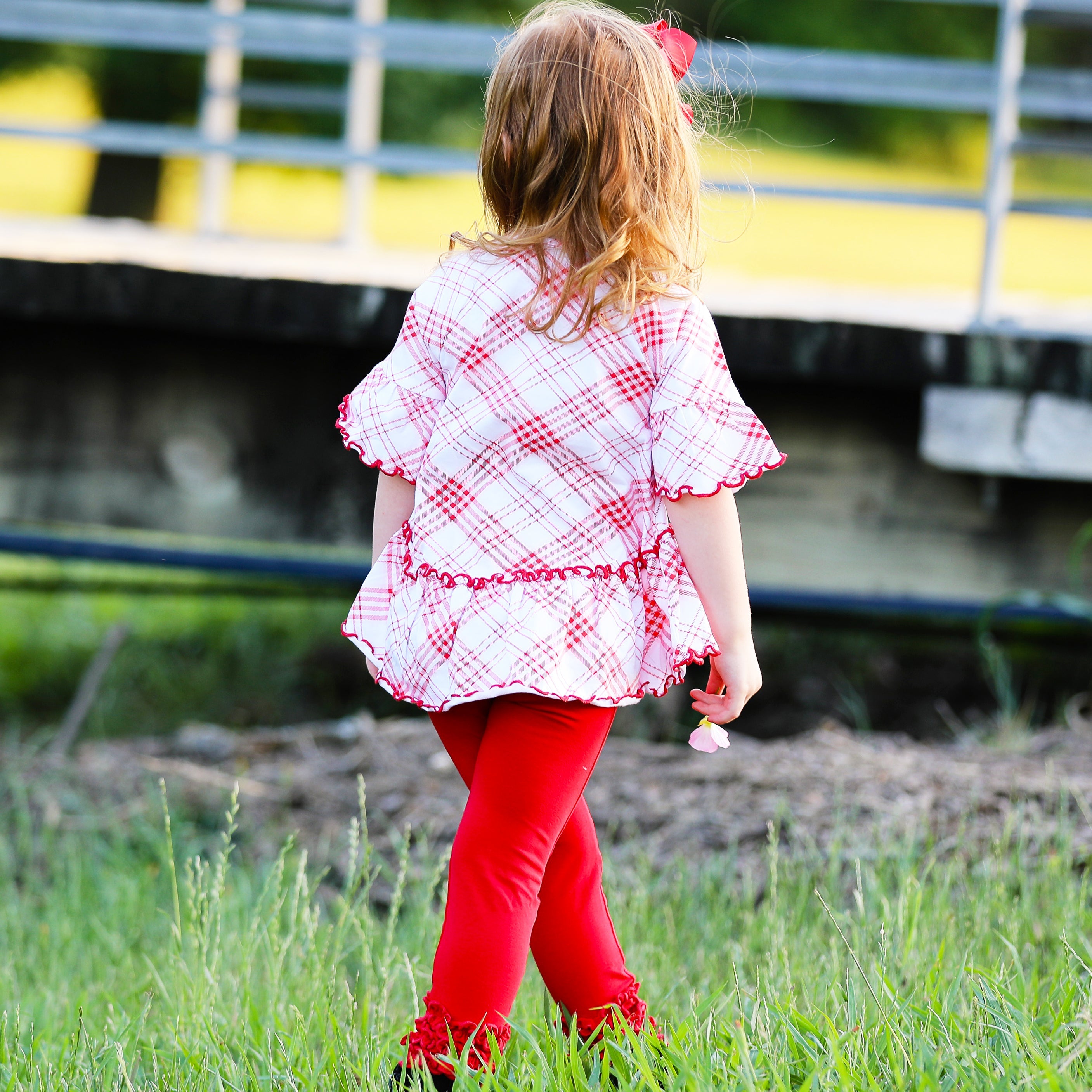 Little & Big Girls 3/4 Angel Sleeve Red Plaid Cotton Knit Ruffle Shirt