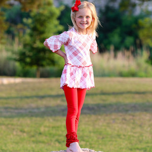 Little & Big Girls 3/4 Angel Sleeve Red Plaid Cotton Knit Ruffle Shirt