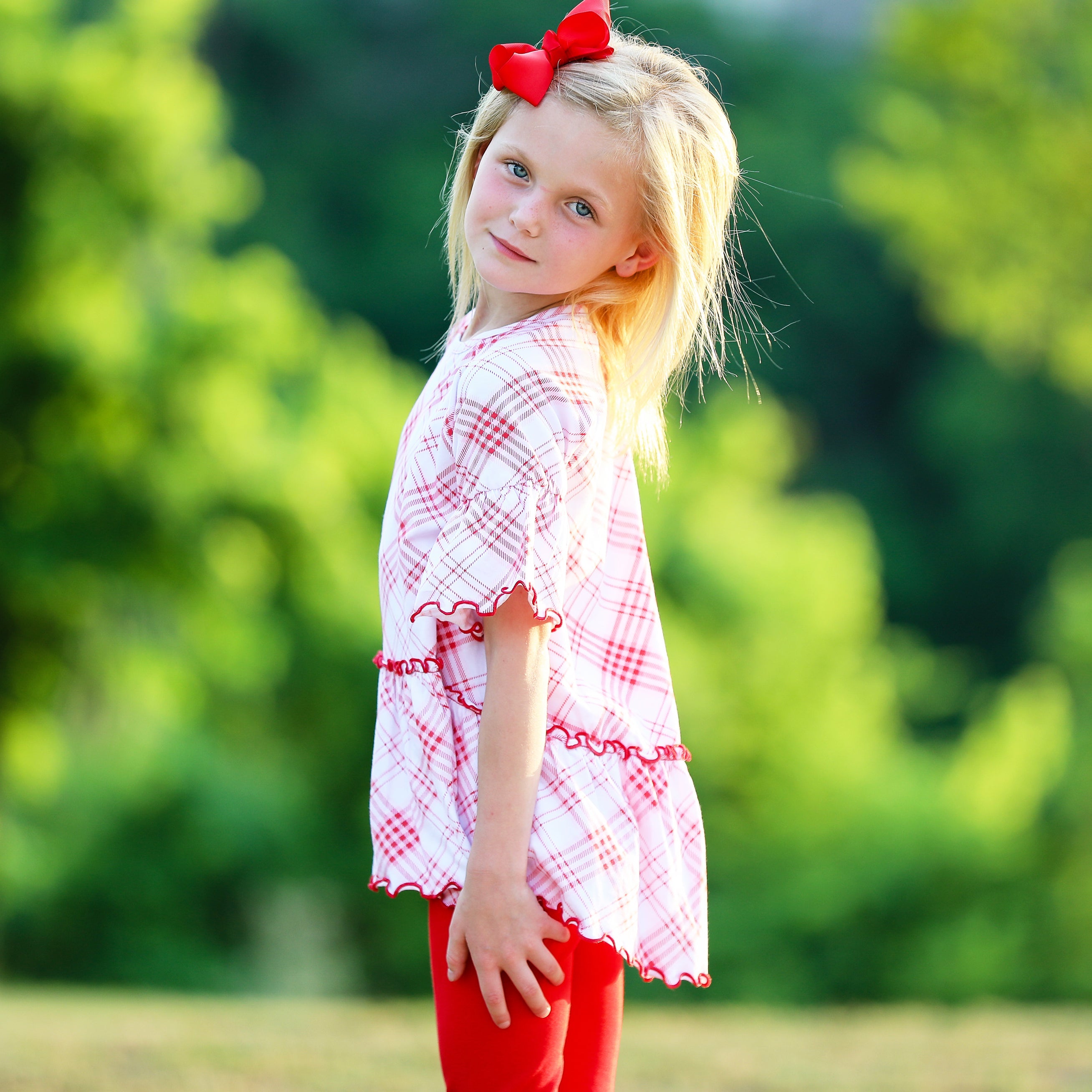 Little & Big Girls 3/4 Angel Sleeve Red Plaid Cotton Knit Ruffle Shirt