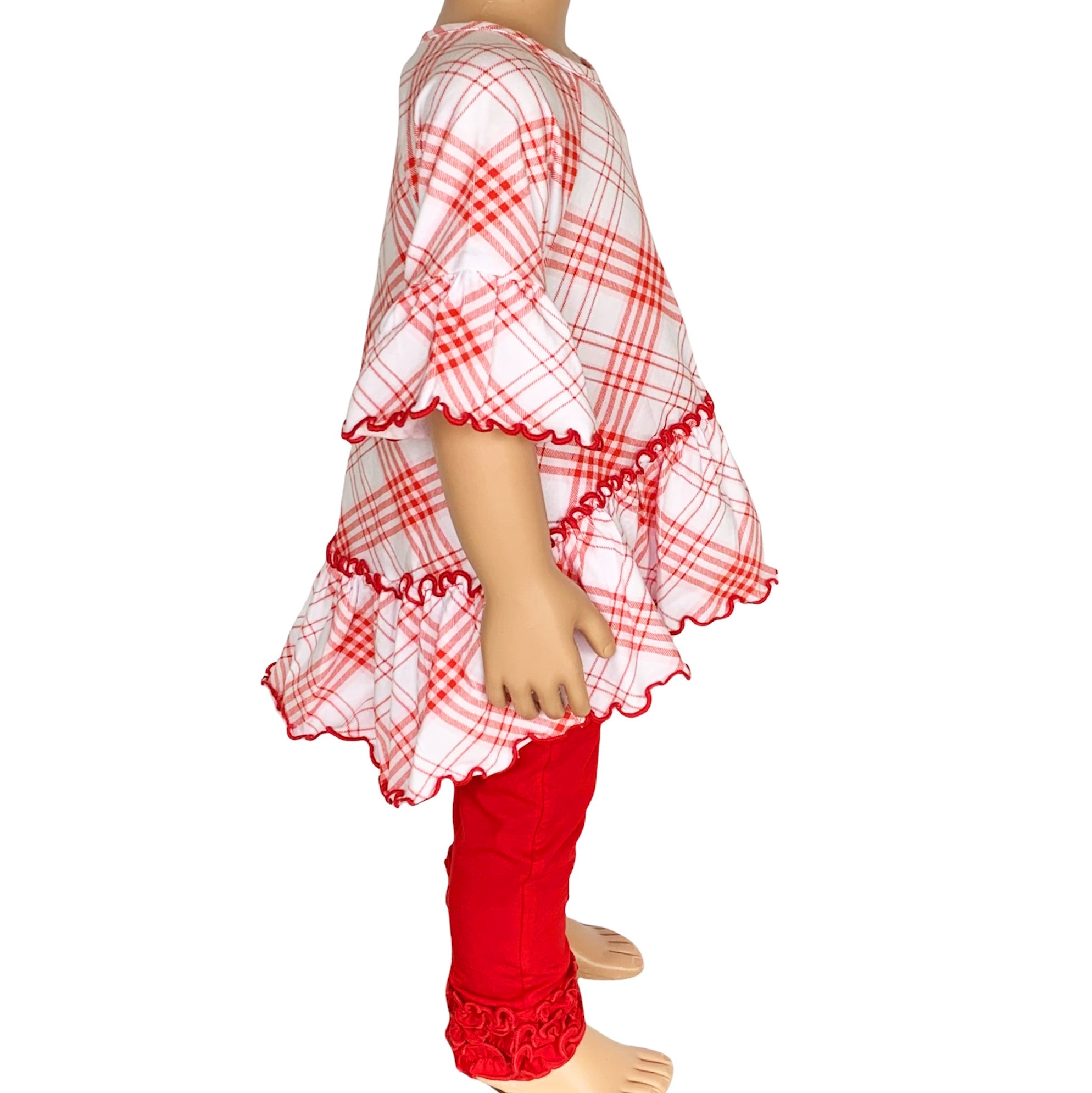 Little & Big Girls 3/4 Angel Sleeve Red Plaid Cotton Knit Ruffle Shirt