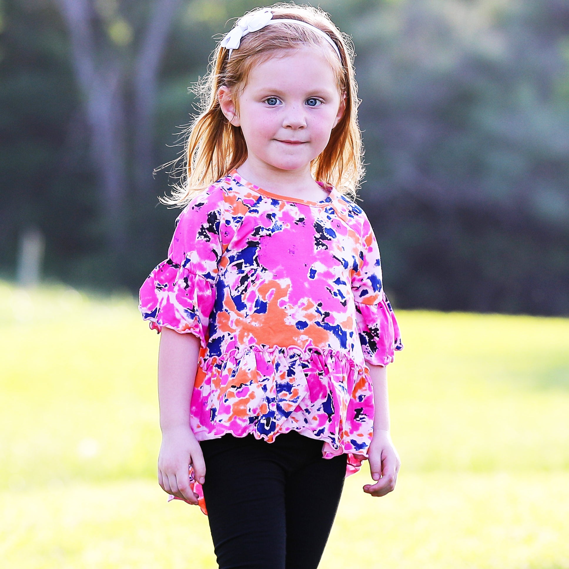 Girls 3/4 Angel Sleeve Tie Dye Cotton Knit Ruffle Shirt