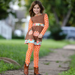 Girls Holiday Orange Pumpkin Patch Autumn Thanksgiving Dress & Leggings 2/3T-9/10