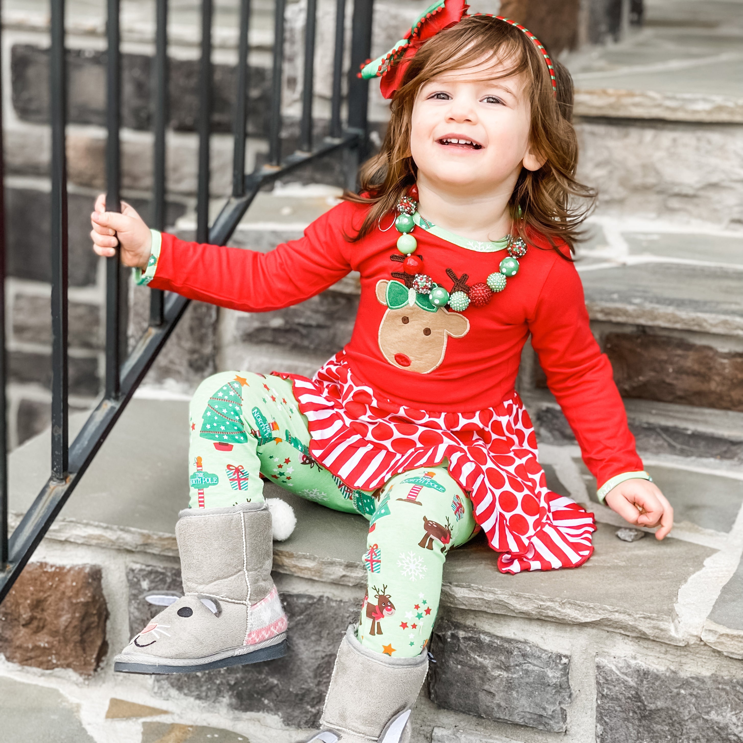 Girls Christmas Reindeer Tunic and Holiday Legging Set