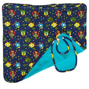 Baby Toddler Boy Space Ship Blanket & Bib Gift Set 2 pc Knit Cotton